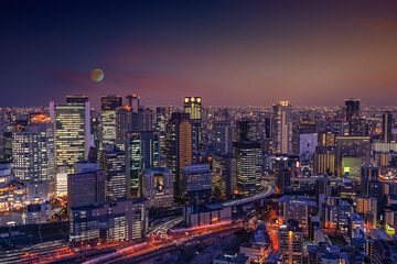Osaka city skyline under moonlight at night