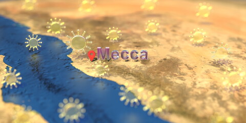 Sunny weather icons near Mecca city on the map, weather forecast related 3D rendering
