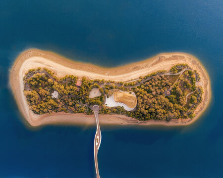 Aerial view of Al Noor island and bridge, Sharjah, Dubai, United Arab Emirates.