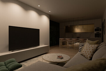 3d illustration of a living room overlooking the kitchen. Interior design in a modern Mediterranean style. Series of illustrations with different lighting designs