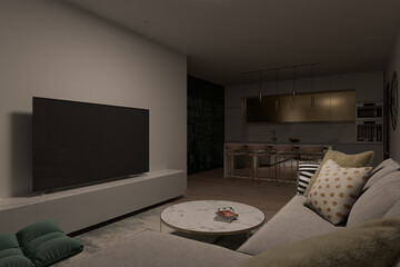 3d illustration of a living room overlooking the kitchen. Interior design in a modern Mediterranean style. Series of illustrations with different lighting designs