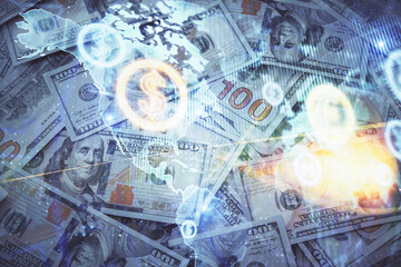 Double exposure of forex graph drawing over us dollars bill background. Concept of financial markets.