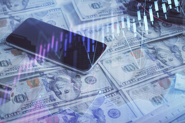 Double exposure of forex graph drawing over us dollars bill background. Concept of financial markets.