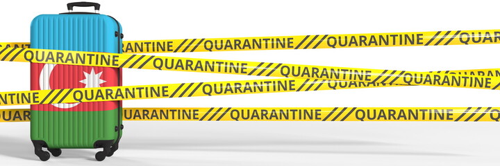 Flag of Azerbaijan on a suitcase and quarantine stripes, coronavirus pandemic tourism restrictions concept. 3d rendering