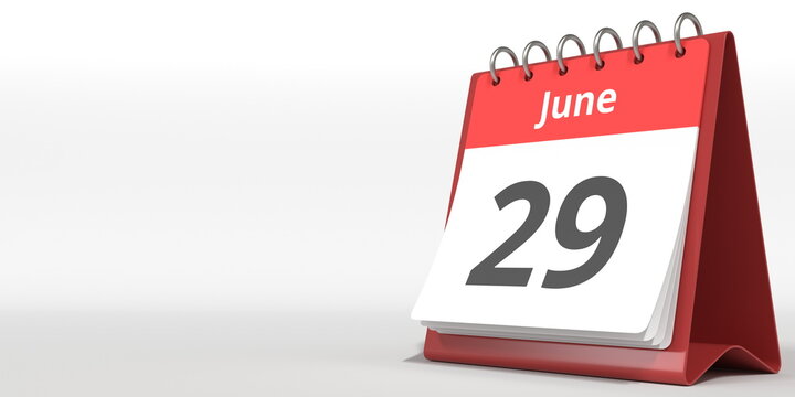 June 29 date on the flip calendar page, 3d rendering