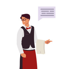 waiter with towel in hand and message in bubble