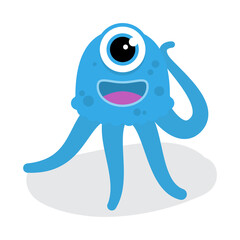 Funny Cute Blue Squid Halloween Monster Flat Design Vector
