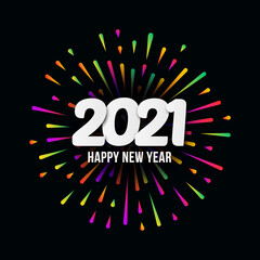 Vector Illustration 2021 HAPPY NEW YEAR with festive typographic composition and multicolored fireworks. Poster, banner, greeting card for print, template design for Merry Christmas, Year of the Ox