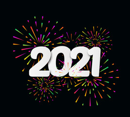 Vector Illustration 2021 HAPPY NEW YEAR with festive typographic composition and multicolored fireworks. Poster, banner, greeting card for print, template design for Merry Christmas, Year of the Ox