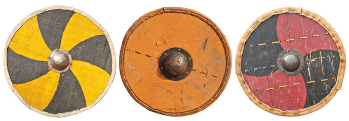 Reconstruction of an old medieval shield. Replica Viking weapon. round shield isolated on a white...