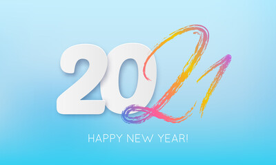 Vector Illustration 2021 HAPPY NEW YEAR hand drawn text lettering. Typography poster, banner, greeting card for print, template design for Merry Christmas and chinese Year of the Ox celebration