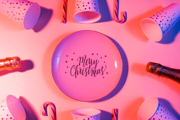 Christmas celebration background, party theme conceptual image,, flatlay over a colored board lighted with color gel, , luxury  holiday concept and christmas celebration