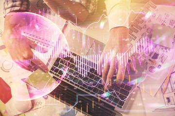 Double exposure of man and woman working together and forex graph hologram drawing. Financial analysis concept. Computer background. Top View.