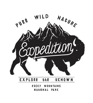 Hiking bison. Pure nature expedition. Bison with mountain range on its back typography t-shirt print. Vintage vector illustration.