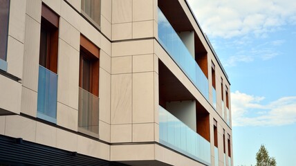 Estate property and condo architecture. Fragment of modern residential flat with apartment building exterior. Detail of new luxury home complex. 