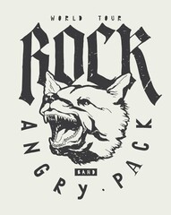 Rock band t-shirt print with angry barking dog. Vector illustration t-shirt print.