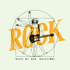 Da Vinci man playing rock guitar. Rock music t-shirt print with Vintruvian man. 