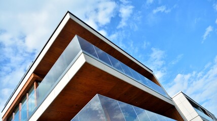 Estate property and condo architecture. Fragment of modern residential flat with apartment building exterior. Detail of new luxury home complex. 