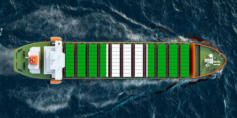 Freighter ship with Nigerian cargo containers sailing in ocean, 3D rendering