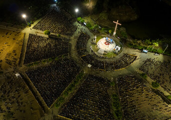 Aerial view of religious gathering on Praça dos Romeiros in Ceara, Brazil.