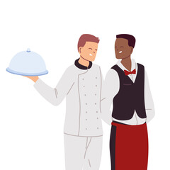 smiling waiter and chef man with tray