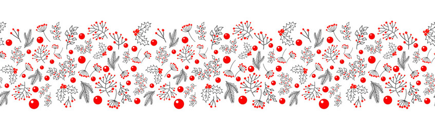 Seamless Christmas border pattern on white background, new year tree decorations for packaging, printing, fabric, posters, greeting cards.