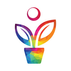 Flower Pot And Plant Logo. Human Growth Vector Logo.