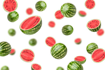 Falling watermelon set, isolated on white background, selective focus