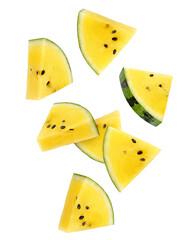 Falling yellow watermelon isolated on white background, clipping path, full depth of field