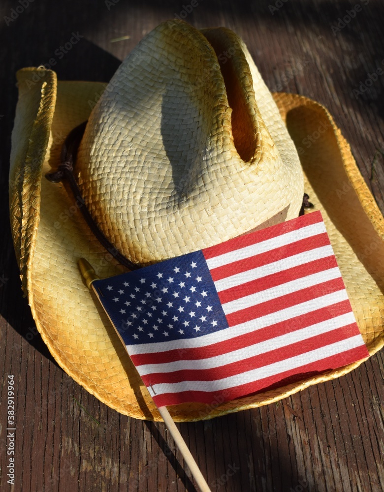 Sticker American Flag and Straw Cowboy Hat