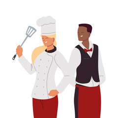 woman chef with uniform and waiter with apron