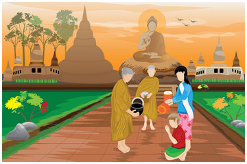 Buddhist monks going for alms in the morning vector design - obrazy, fototapety, plakaty