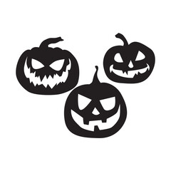 Halloween black vector illustration set with tree pumpkins isolated on white background.  Vector silhouettes