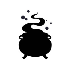 Halloween black vector illustration with a steaming witch's cauldron with potion isolated on white background. Vector silhouette