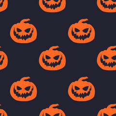 Vector seamless horror pattern for Helloween. Spooky smiling pumpkin. Orange silhouette on black background.