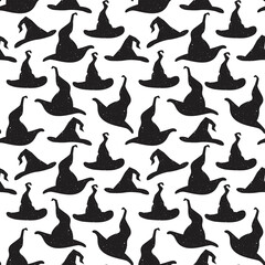 Vector seamless horror pattern for Helloween. Witch or wizard hats. Black silhouette on white background.