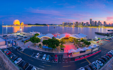 Naklejka premium Night aerial photo of Xiangzhou port, Zhuhai City, Guangdong Province, China