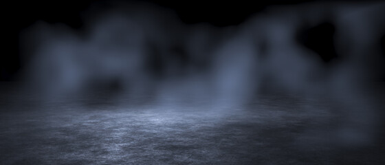 Empty dark room background. Smoke, glow. 3D rendering.