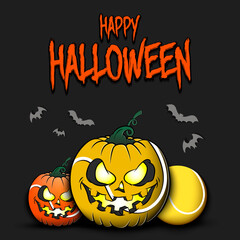 Happy Halloween. Template tennis design. Tennis balls in the form of a pumpkins on an isolated background. Pattern for banner, poster, greeting card, flyer, party invitation. Vector illustration