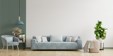 Bright and cozy modern living room interior have sofa,armchair and lamp with white wall background.