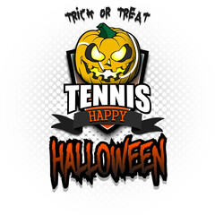 Happy Halloween. Template tennis design. Logo tennis ball in the form of a pumpkin on an isolated background. Pattern for banner, poster, greeting card, flyer, party invitation. Vector illustration