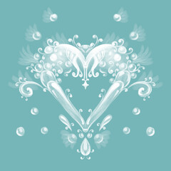 romantic drawing of a white light heart on a turquoise blue background. Charming card with artistic heart, magical shape. Hand drawn postcard