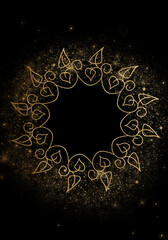 Black background with luxery golden ornaments and golden sparkles, golden frame. Good for logo or invitation.