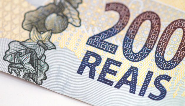 Brazilian Real - BRL. Money, Brazil, Real, Reais, Currency. A Banknote of 200 Reais in close-up.