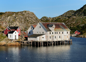 Waterfront Of the Small Fishing Village On Lofoten Island Skrova On A Sunny Summer Day With A Clear Blue Sky