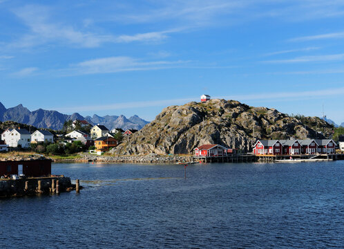 Waterfront Of The Small Fishing Village On Lofoten Island Skrova On A Sunny Summer Day With A Clear Blue Sky