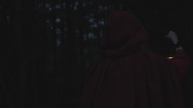 Red riding hood in dark woods with lantern, slow motion