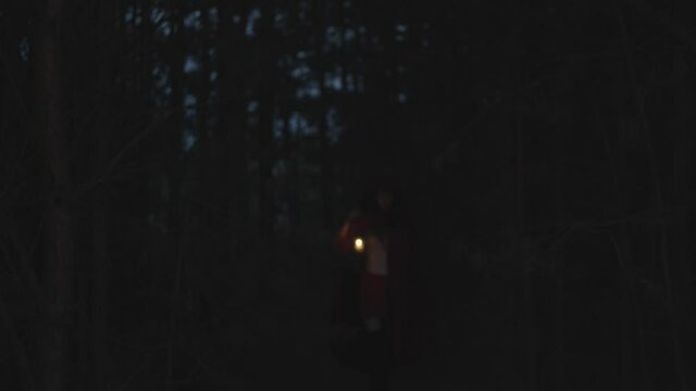 Red riding hood with lantern walking from dark woods, slow motion