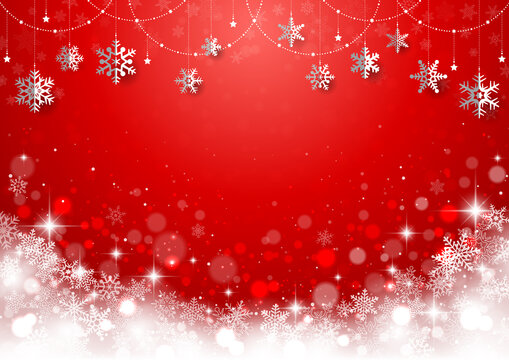 雪の結晶がぶら下がった キラキラ イルミネーションのクリスマス背景 フレーム 赤