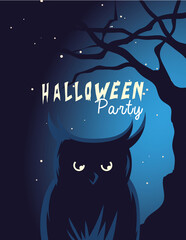 Halloween owl cartoon with tree at night vector design